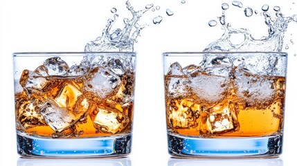 Refreshing Beverage Splashing in Glasses with Ice Cubes
