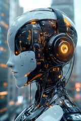 Fototapeta premium Robot listening city background