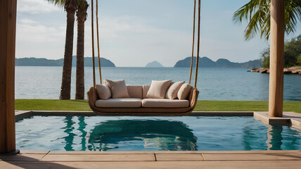 Beautiful Swing sofa on the Swimming pool waters outdoor beach