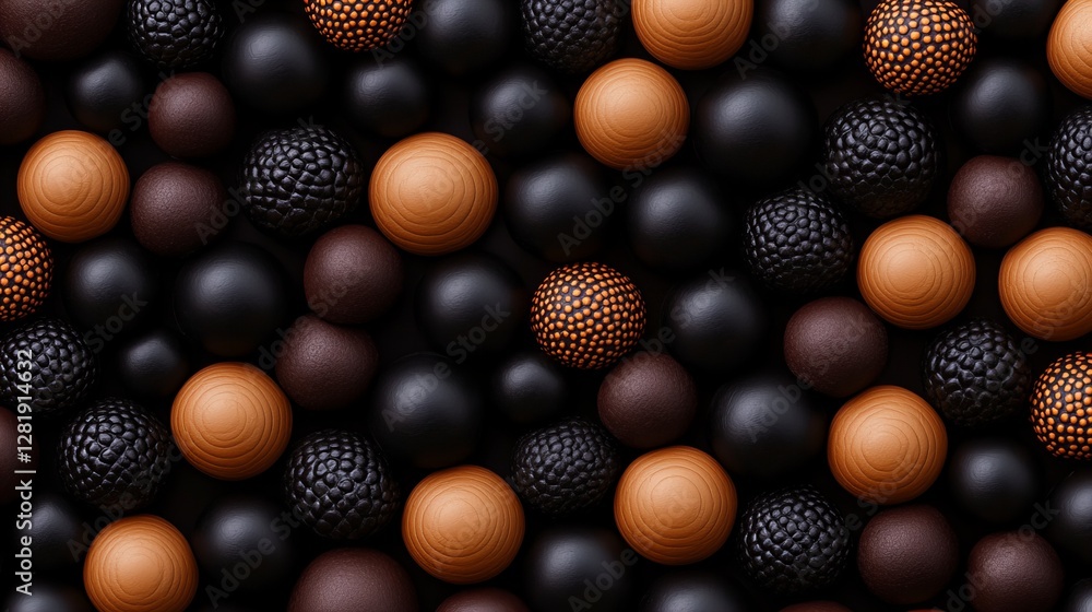 Poster close-up of various textured spheres in shades of brown and black. the image features a mix of smoot