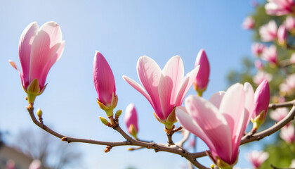 Obraz premium Vibrant pink magnolia buds against a clear blue sky, spring beauty