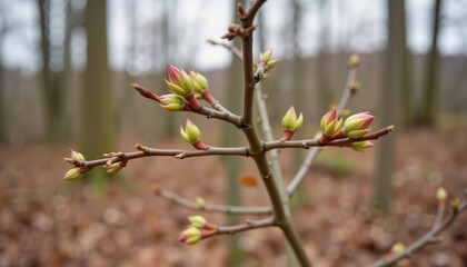 Tiny maple tree buds blossoming in forest during overcast weather, renewal