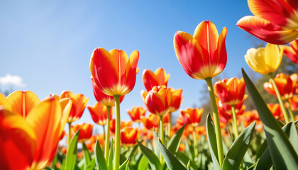 Obraz premium Vibrant spring tulip blossoms in sunny garden setting, natural beauty