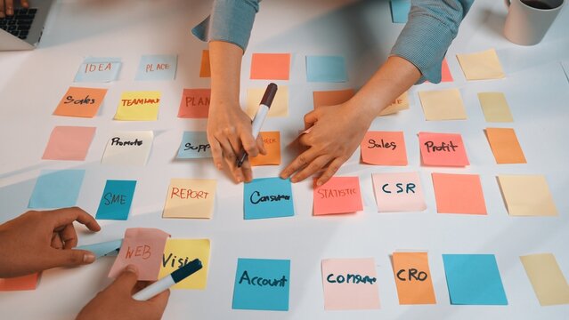 Two hands work on a white table filled with colorful sticky notes for collaborative planning and strategy development for business initiatives and projects. SACTR