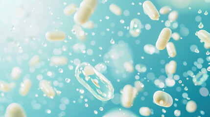 Floating pills and capsules on blue background. Concept of high quality pharmaceutical production for healthcare. Close-up.