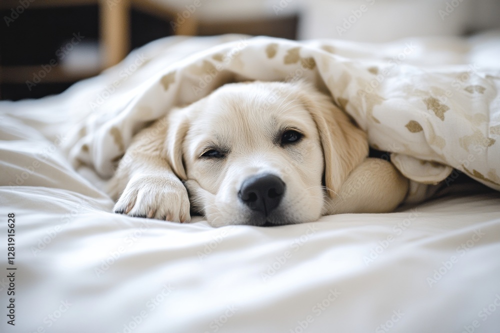 Poster cozy labrador puppy resting peacefully under a warm blanket on a soft bed in a serene indoor setting