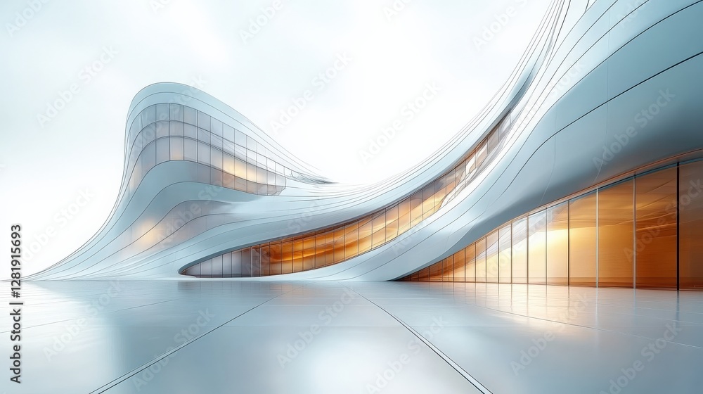 Poster modern architectural design featuring flowing lines and large glass windows in a bright environment