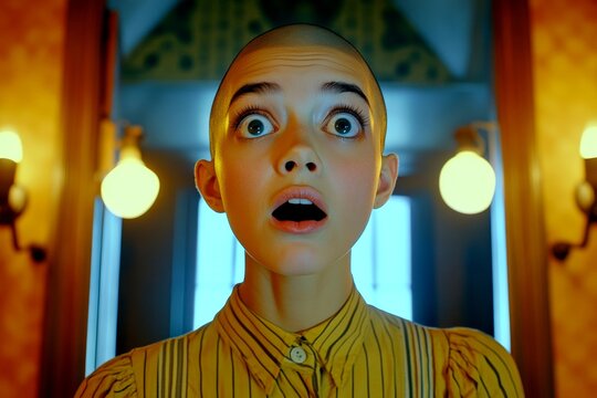 Short hairdo - bald head - no hair. Commercial digital ads conceptual art design idea. Attractive very stunned mixed-race girl - for ads, banner and social web marketing ad use. Colored girl.