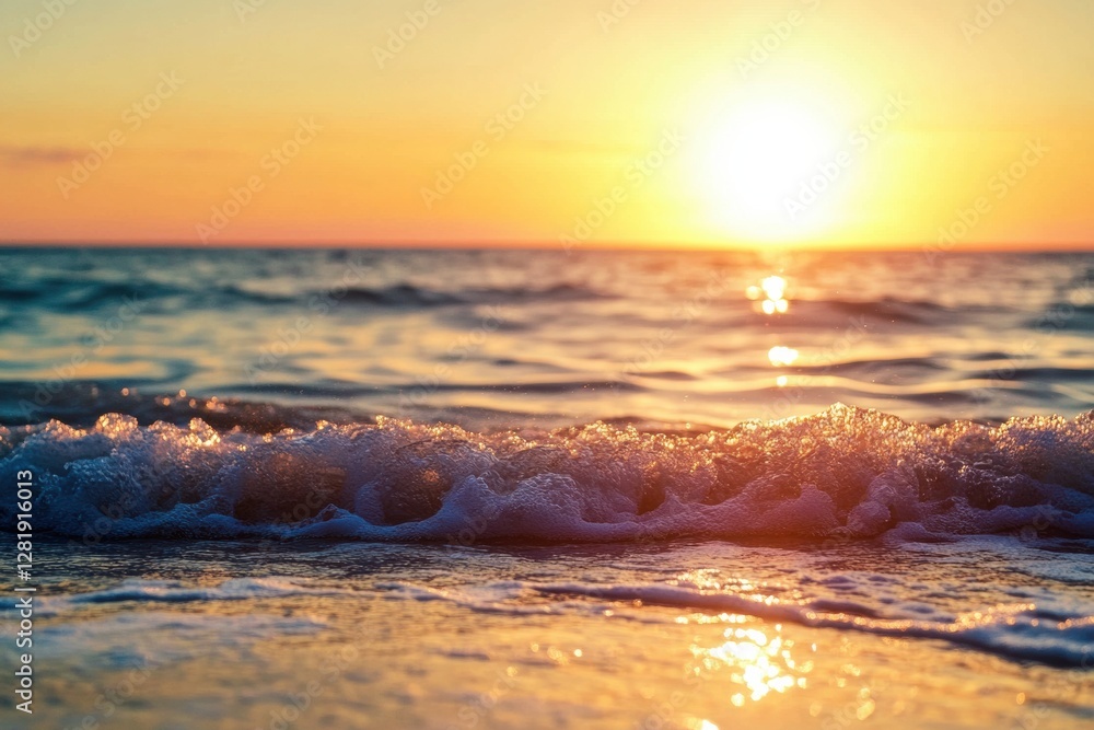 Poster Sunset over ocean waves at a serene beach during golden hour in the early evening. Generative AI