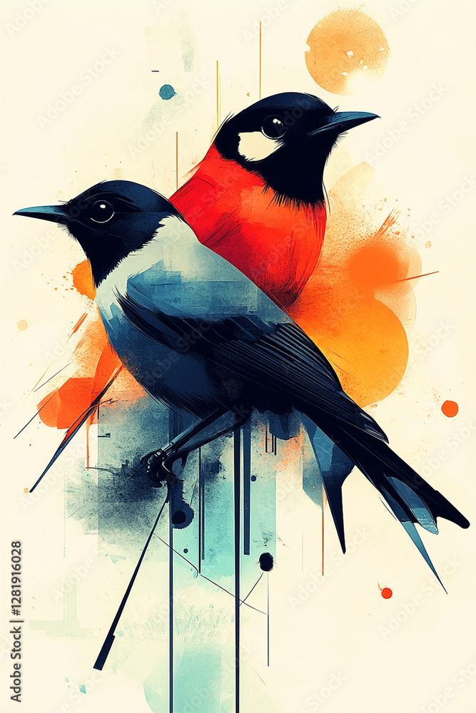 Poster minimalist abstract illustration of two birds with vibrant colors. design features red bird and blue