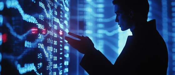 A silhouette interacts with digital data in a blue-lit environment, capturing the essence of cyber connectivity and futuristic exploration.