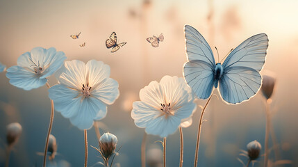 White butterflies and flowers at sunset, peaceful nature scene, ideal for calming backgrounds