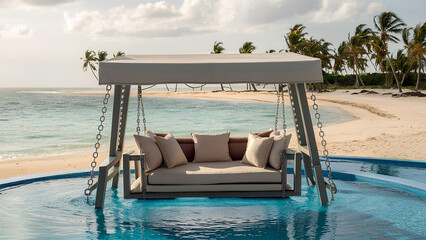Beautiful Swing sofa on the Swimming pool waters outdoor beach
