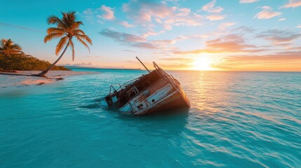 Obraz premium The image captures a stunning sunset casting vibrant colors over a partially submerged boat, highlighting the tranquility of a deserted beach scene.