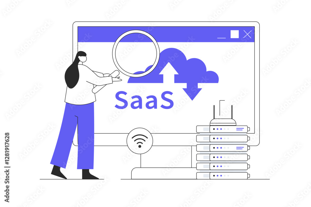 Poster saas concept, software as a service. cloud computing and storage, online subscription to programs. f