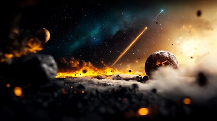 Naklejka premium Cosmic Landscape with Fiery Planets and Comet, Set Against a Starry Background