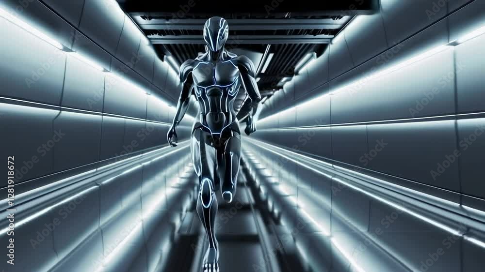 Poster Metallic humanoid robot sprinting through illuminated futuristic corridor, showcasing advanced technological design with seamless, high energy motion in slow motion rendering