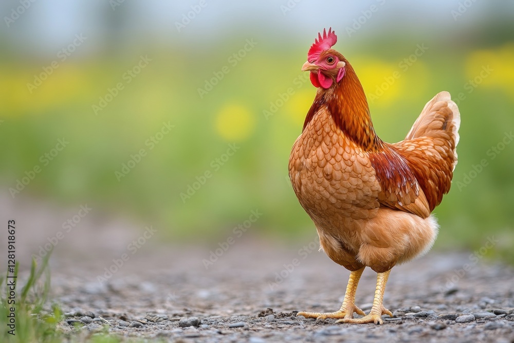 Poster bright brown hen walking along a dusty path in a vibrant green field during a sunny day. generative 