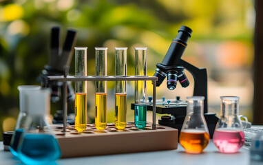 Hands-On Learning: Science lab equipment, including microscopes and test tubes, creating an engaging educational concept banner
