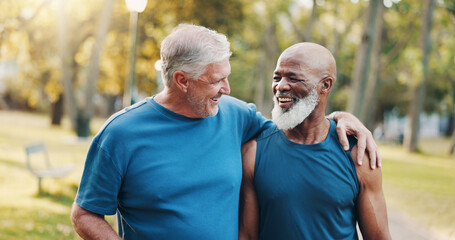 Elderly, men and talk with fitness outdoor of mobility training, bonding discussion and morning...