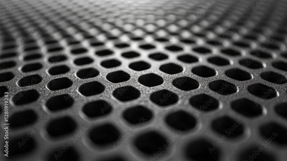 Aufkleber Delve into the mesmerizing texture of a dark metal mesh displaying an abstract hexagon pattern. The design creates a stunning interplay of light and shadow, evoking industrial elegance.