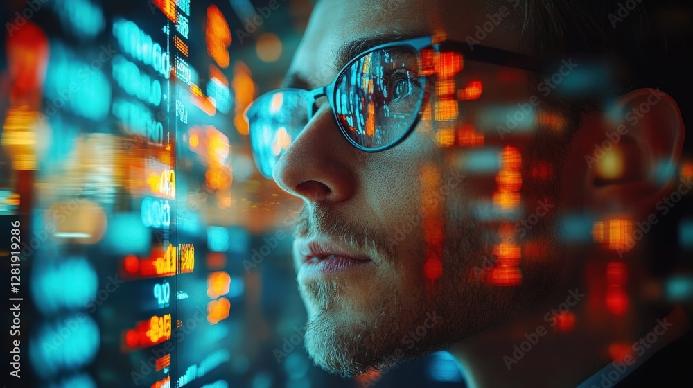 Poster focused individual analyzing digital data on a screen in a modern office environment