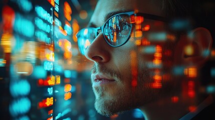 Focused individual analyzing digital data on a screen in a modern office environment