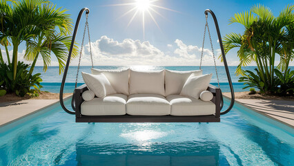 Beautiful Swing sofa on the Swimming pool waters outdoor beach