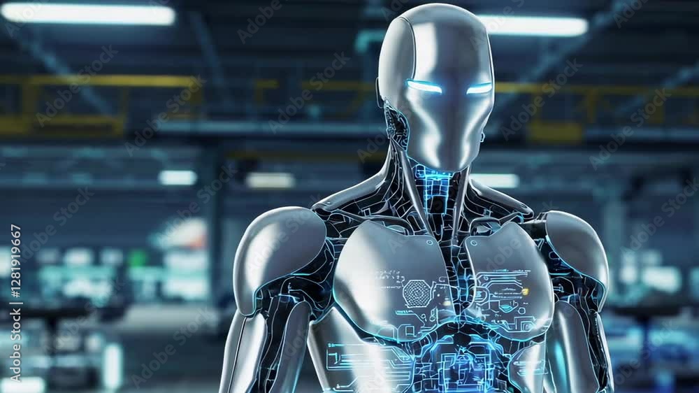 Aufkleber Advanced android robot activating its systems in a futuristic factory setting, showcasing intricate circuits and glowing details in slow motion