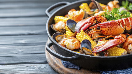 Delicious seafood platter featuring lobster, shrimp, and corn in cast iron skillet. Perfect for gatherings and celebrations