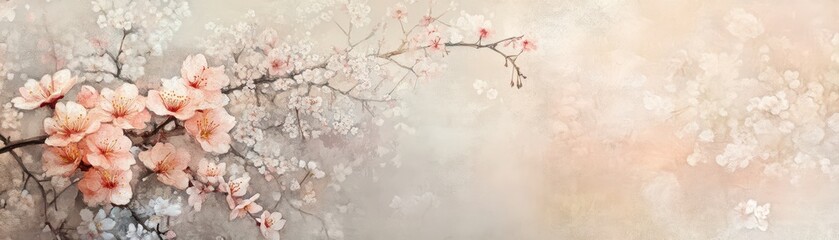 Vintage kimono fabric with faded sakura patterns, softly blending with intricate Japanese geometric designs