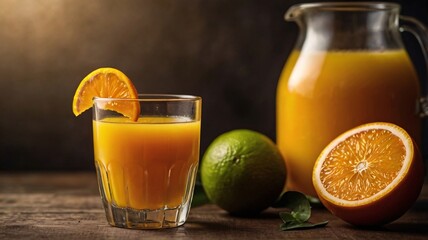 Glass of Orange Juice, Glass of fresh orange juice with ripe oranges and slices on white background, Close-up picture of orange juice with oranges slices on blurred background