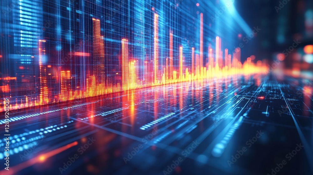 Poster abstract digital landscape showcasing vibrant data visualization with glowing lines and bars