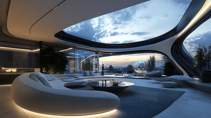 A minimalist futuristic lounge with a panoramic smart window displaying real-time outdoor views, a self-cleaning floor, and an AI-driven entertainment hub 