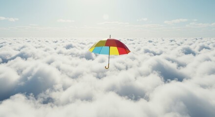 Fototapeta premium Vibrant umbrella soaring amidst fluffy cloudscape whimsical serenity