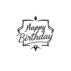 Timeless, elegant black and white vector logo Happy Birthday. Geometric shapes, symmetrical, clean lines, white background.eps
