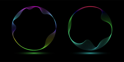 Set of glowing neon color circles round curve shape with wavy dynamic lines isolated on black background technology concept. Circular light frame border. © Lula Luna