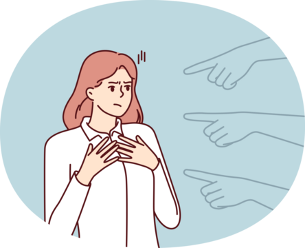 Hands pointing at puzzled girl for concept blame and condemnation person who made mistake. Unhappy girl suffers from unreasonable blame of colleagues or friends motivated by hatred or discrimination