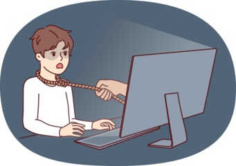 Boy suffering from addiction or hate from online friends sits at table with computer with rope around neck. Unfortunate child fell into trap of online moniker or pedophile who wants to kidnap teenager