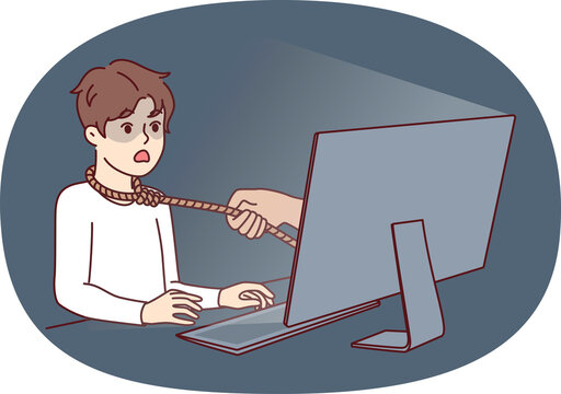 Boy suffering from addiction or hate from online friends sits at table with computer with rope around neck. Unfortunate child fell into trap of online moniker or pedophile who wants to kidnap teenager