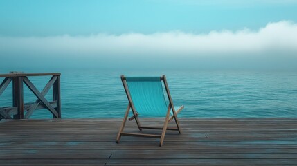 Serene ocean view, deck chair, misty morning, coastal relaxation