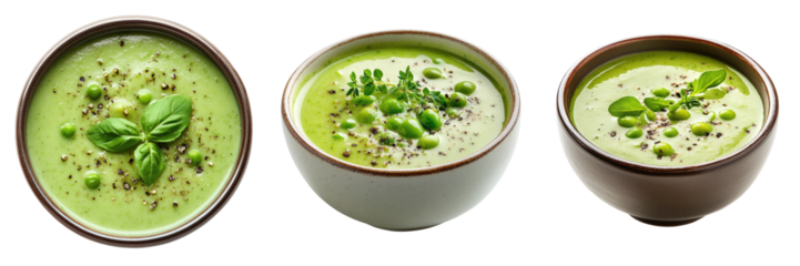Delicious green soup in three stylish bowls garnished with herbs and pepper.