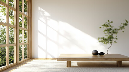 Minimalist interior with wooden table, plants, and large windows