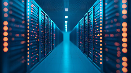 Fototapeta premium A dimly lit server room lined with rows of servers, illuminated by soft blue and orange lights, creating a high-tech atmosphere.