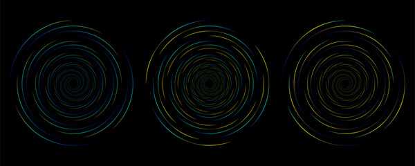 Abstract circle line pattern spin blue green light isolated on black background in the concept of music, technology, digital