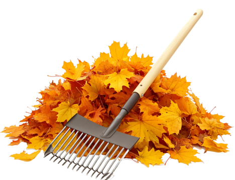 Raking autumn leaves isolated on transparent or white background PNG,AI GENERATED