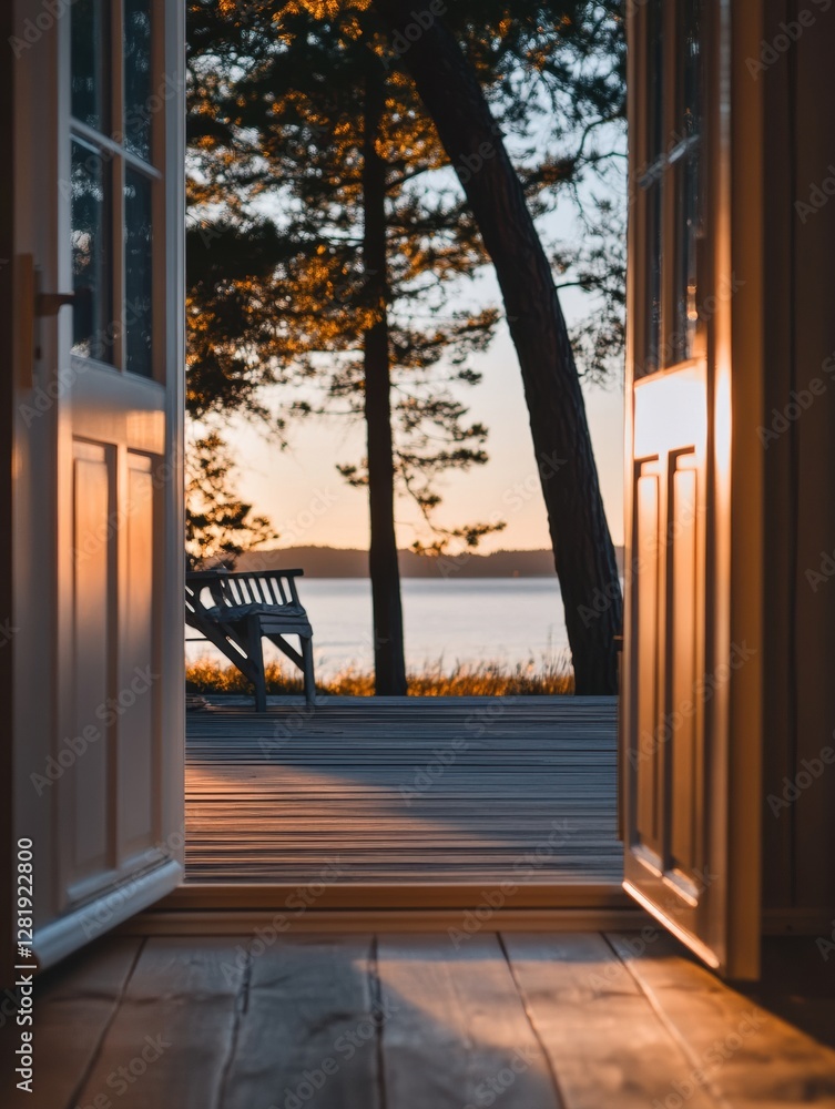 Poster Beautiful sunset view from an open door by the lake with a wooden deck and a bench in the foreground. Generative AI