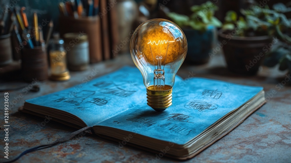Poster illuminated light bulb hovering over an open sketchbook in a creative workspace filled with plants