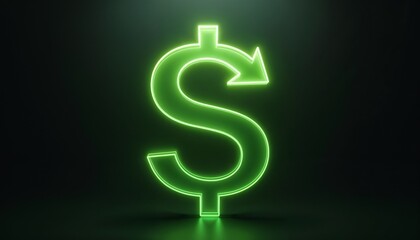 Obraz premium Artistic financial symbol featuring a stylized green profit arrow wrapping around a glowing dollar sign against a dark gradient background