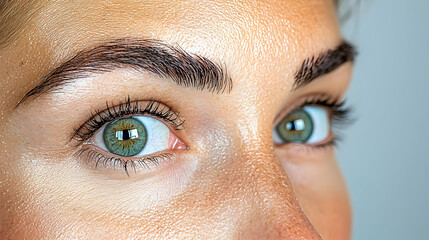 Fototapeta premium Close-up woman's green eyes, neutral background, beauty